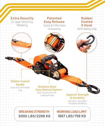 Strapinno 2PCs Retractable Ratchet Tie-Down Straps,5,000 lbs Break Strength- 2 in x 12 ft Heavy Duty Ratchet Strap with Sa...
