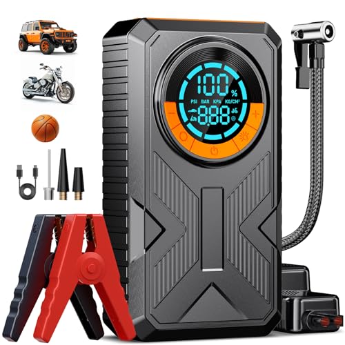 Jump Starter with Air Compressor, Battery Jumper Starter Portable Jump Box，Car Battery Jump Starter 8.0 Gas/7.0L Diesel 12...