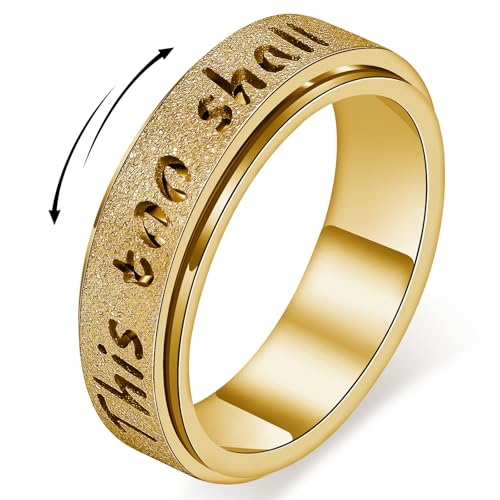 LuckyAmor Fidget Spinner Ring for Women - THIS TOO SHALL PASS Stainless Steel 18K Gold Plated Anxiety Rotating Inspiration...