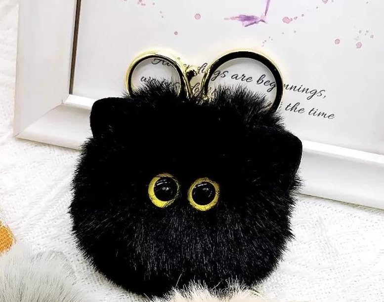 TVRTFQ Cute Cat Head Plush Keychains Black Cat Pom Pom Keychain Creative Animal Car Keychain Mini Cartoon Kawaii Backpack Pendant Birthday Fashion Gift for Women (1, Black)