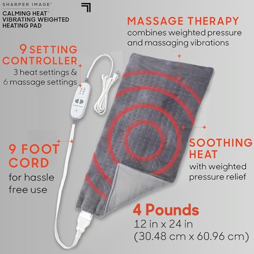 Calming Heat Massaging Vibrations Weighted Heating Pad by Sharper Image | Temperature Settings, Auto Shut-Off Feature, Gif...