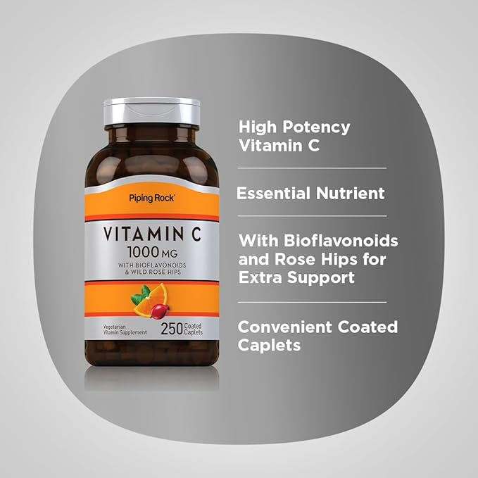 Piping Rock Vitamin C 1000mg | 250 Caplets | with Bioflavonoids & Rose HIPS | Vegetarian, Non-GMO, Gluten Free Supplement