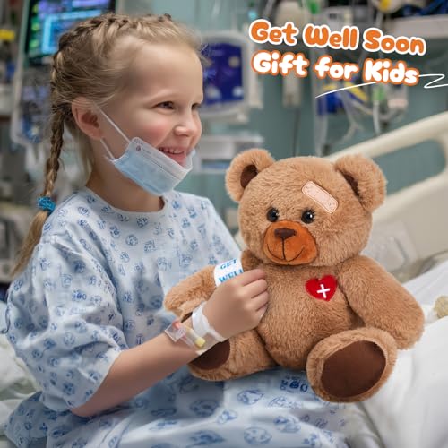 Houwsbaby 8’’ Tall Get Well Soon Brown Teddy Bear Stuffed Animal – Cute Recovery Gift with Bandage & Heart Patch – Broken ...