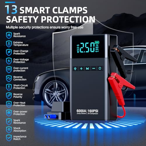 CZKBG 10-in-1 Portable Car Battery Jump Starter with Air Compressor, 6000A 160PSI Portable Car Jumper Starter (All Gas 12L...