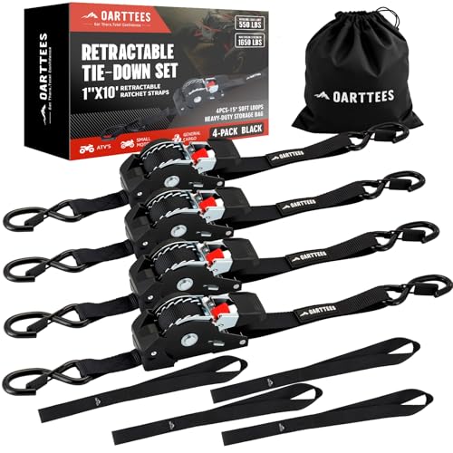 Retractable Ratchet Straps (4-Pack) - 1 Inch x 10 Feet (1,650lb Break Strength) - Heavy Duty Auto Self Retracting Tie Down...