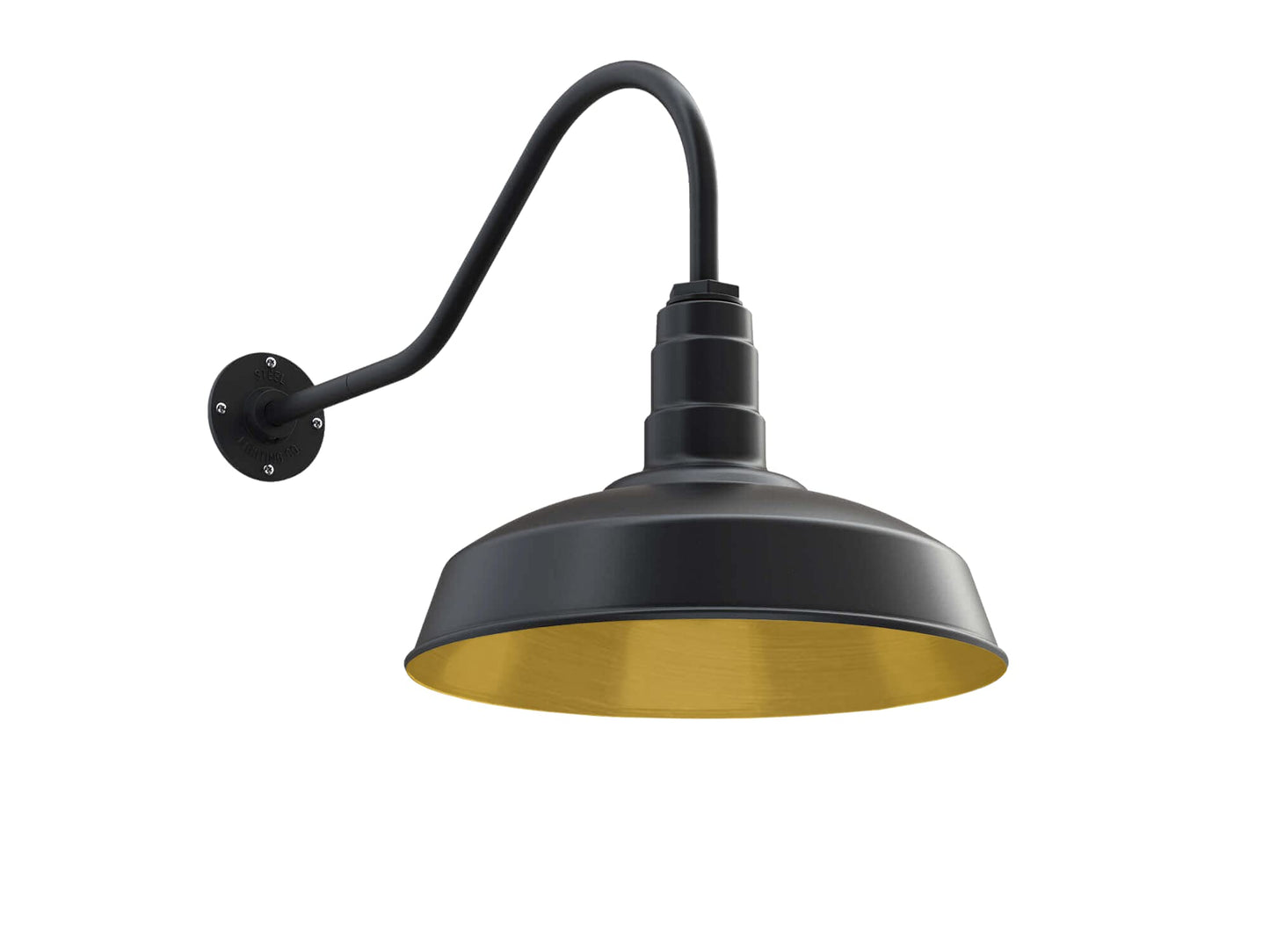 Steel Lighting Co. Gardena Barn Light - Outdoor Wall Mounted, 16in Dome, 23in Gooseneck, Matte Black with Brass Interior