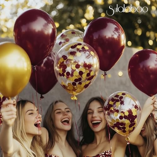 Sulalaboo Metallic Burgundy and Gold Balloons 12 Inch 73PCS Gold Maroon Confetti Latex Balloons Shiny Helium Balloon Set f...