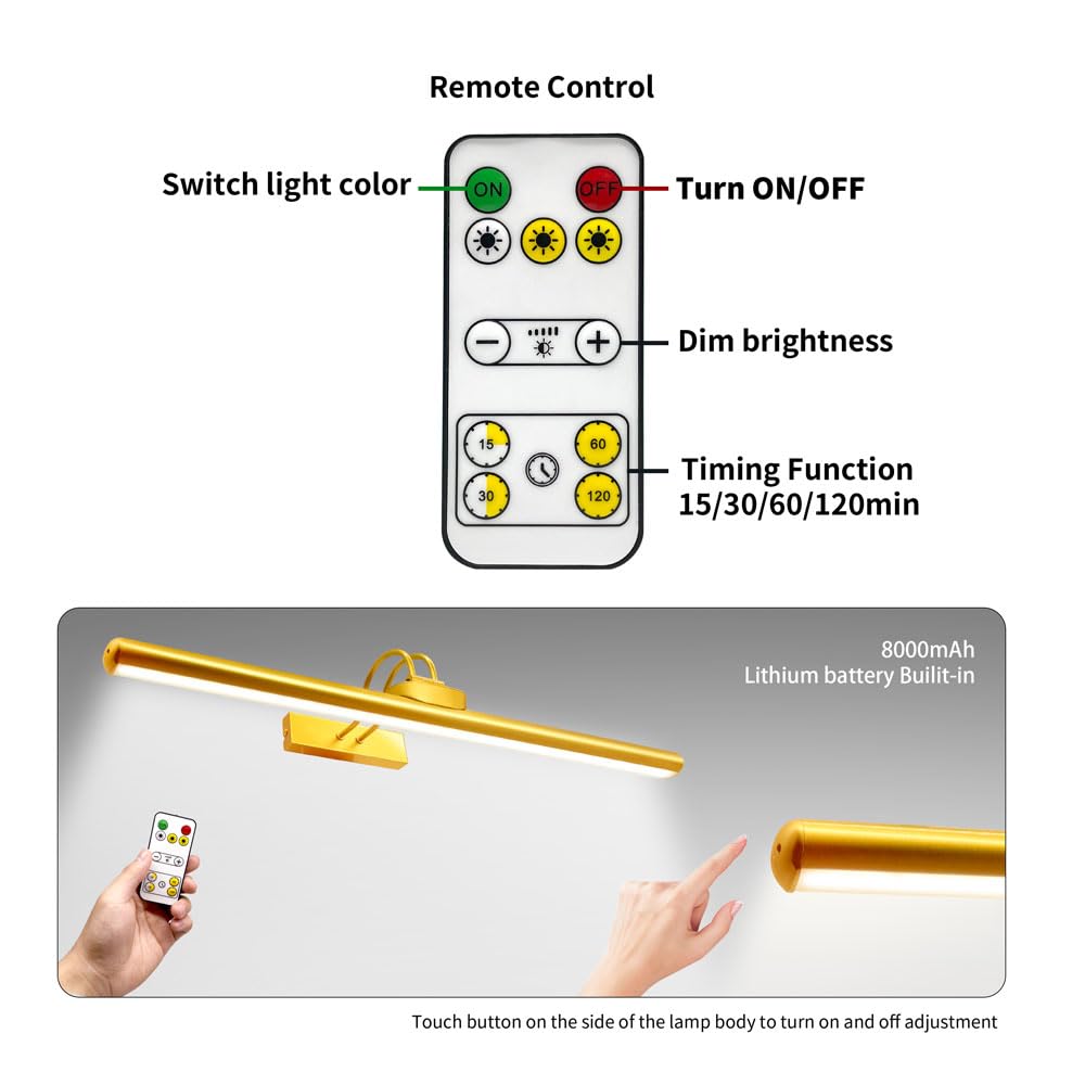 Tiaueu 26 Wireless Picture Lights  Rechargeable Battery Art Display Light With Remote Control  Dimmable/Timer Off Dartboard Light  3 Lighting Modes Full Metal discomfort-reducingting Display Lights (Gold-1 Pack)