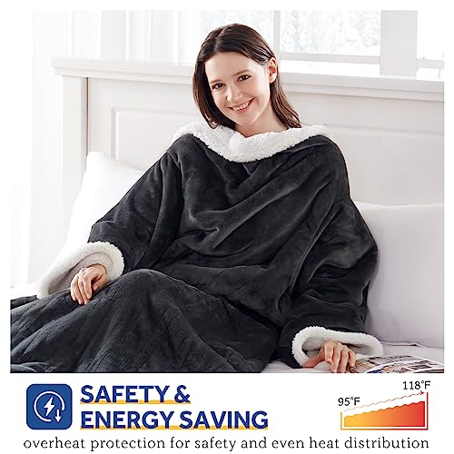 Sealy Electric Blanket Wearable with Foot Pocket, Electric Snuggle Blanket with Sleeves, Flannel & Sherpa Heating Throw wi...