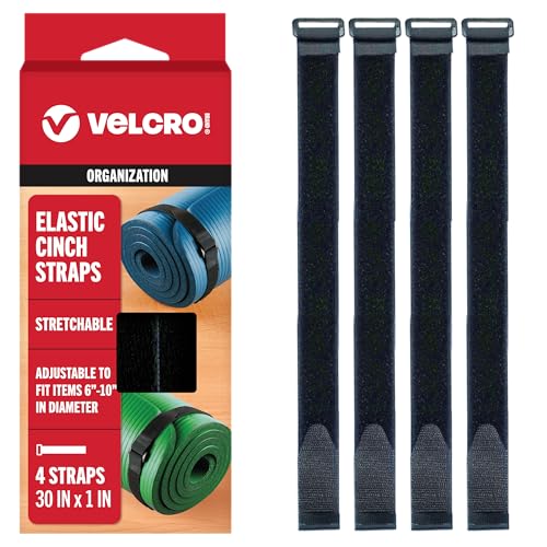 VELCRO Brand 30 Inch Elastic Straps 4 Pack, Use as Yoga Mat Straps, Fasten Outdoor Umbrellas, Wood, Tarps, Blankets, Poles...