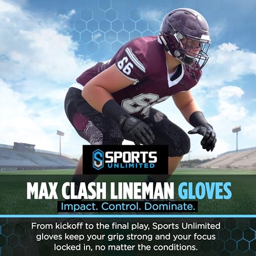 Sports Unlimited Max Clash Lineman Adult/Youth Padded Football Gloves, Lineman Football Gloves, Men's and Boys Offensive/D...