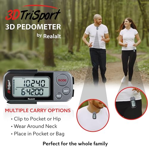 Realalt 3DTriSport Walking 3D Pedometer with Clip & Strap, eBook Included 30 Days Memory Accurate Step Counter, Walking Di...