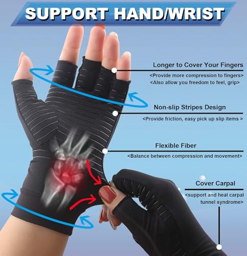 2Pairs Copper Arthritis Compression Gloves for Women Men, Fingerless Compression Gloves for Carpal Tunnel, Hand Pain, RSI,...