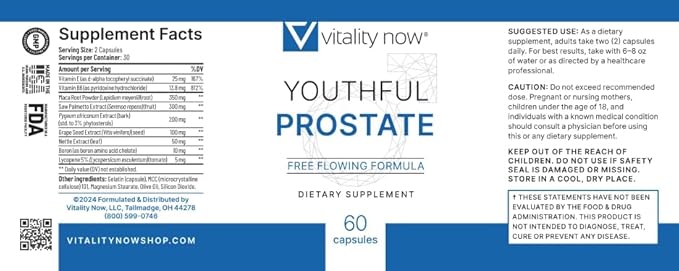 Youthful Prostate - Saw Palmetto for Men with Panax Ginseng, Antioxidant Protection, Vitamin E, Lycopene - Prostate Supplements for Men