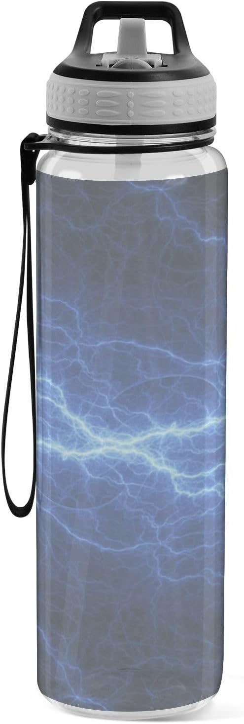 Kigai Thunder Lightning Clear Water Bottle with Straw Lid, BPA-Free Leakproof Sport Water Bottle 32oz Large Gym Water Jug for Men Women Travel Fitness Outdoor