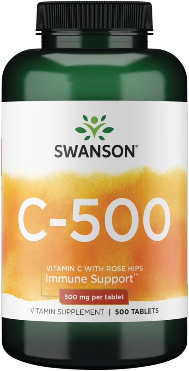 Swanson Vitamin C with Rose HIPS Immune System Support Skin Cardiovascular Health Antioxidant Supplement 500 mg 500 Tablets
