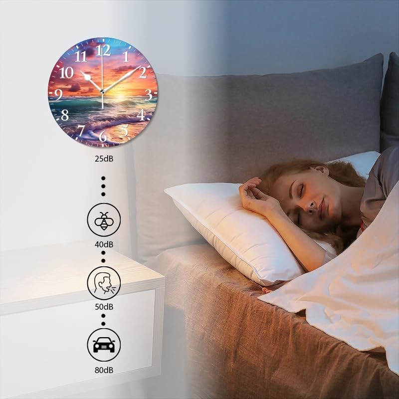 Beach Wall Clock Non-Ticking Silent Clocks Battery Operated Analog Decor Clock for Home-Beautiful Beach Sunset with Colorful Clouds and Waves(16inch)