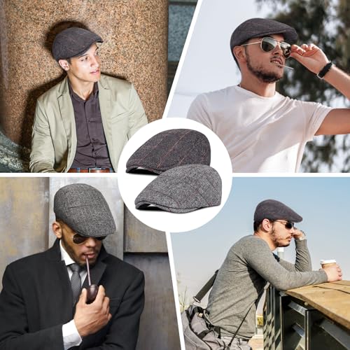 Senker Fashion 2 Pack Newsboy Cap for Men Adjustable Herringbone Tweed Wool Hats Blend Flat Cap Ivy Cabbie Driving Hat