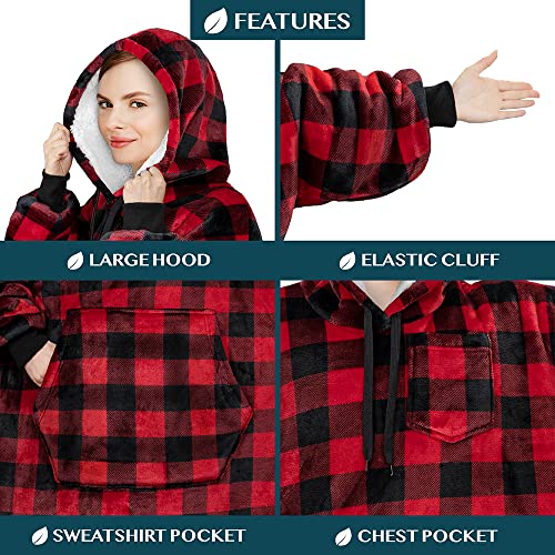 PAVILIA Blanket Hoodie for Women Red, Sherpa Wearable Blanket Men, Cozy Oversized Sweatshirt Blanket, Warm Fleece Hooded B...