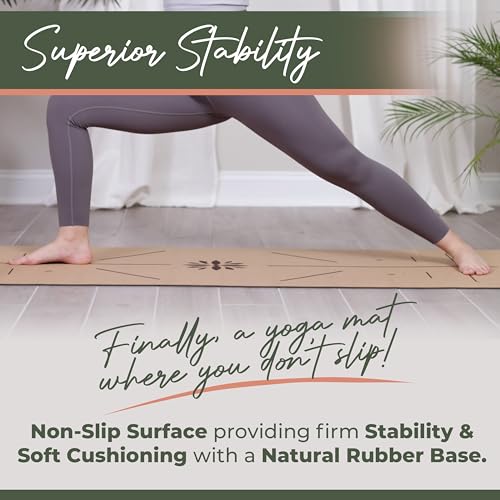 Y O Gayo Premium Yoga Cork Mat | 5mm Thick Natural Tree Rubber Base and Bigger Mat for Extra Support, Alignment lines for ...