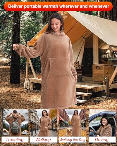 SEMANJLL Wearable Heated Blanket,Oversized Fleece Heated Hoodie Powered by 7.4V 16000mAh Battery