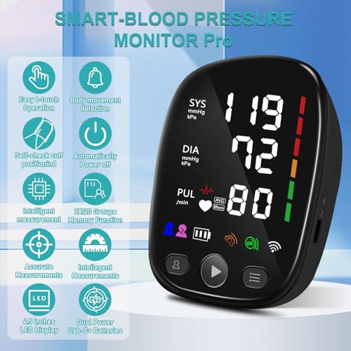 Bluetooth Automatic Blood Pressure Monitor for Home Use - with Adjustable Upper Arm Large Cuff (8.7"-17.3"), App Tracking,...