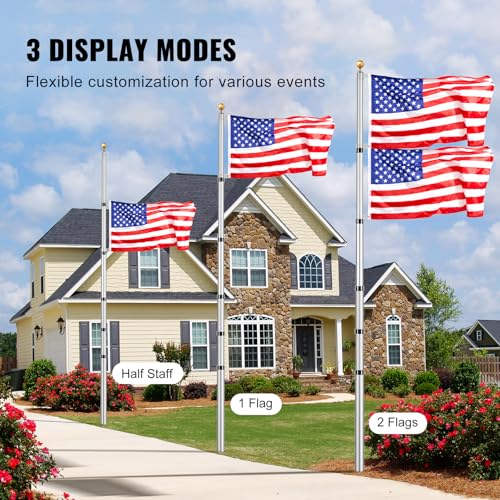 VEVOR 30FT Telescoping Flag Pole Kit, Heavy Duty Aluminum Alloy in Ground Flag Poles for Outside, 3 Display Modes Flagpole...