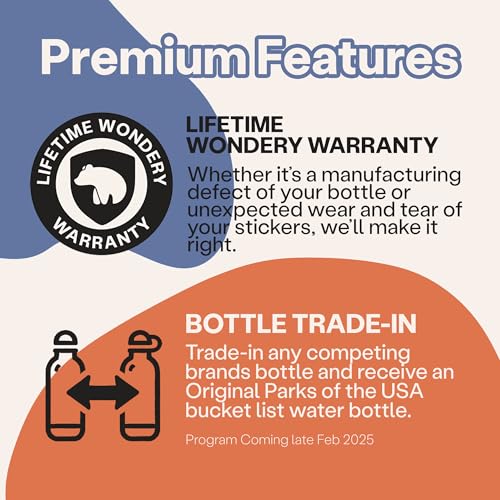 Wondery Parks of the USA® Water Bottle With 63 Waterproof Stickers of Parks (USA), 32 oz Stainless Steel Water Bottle for ...