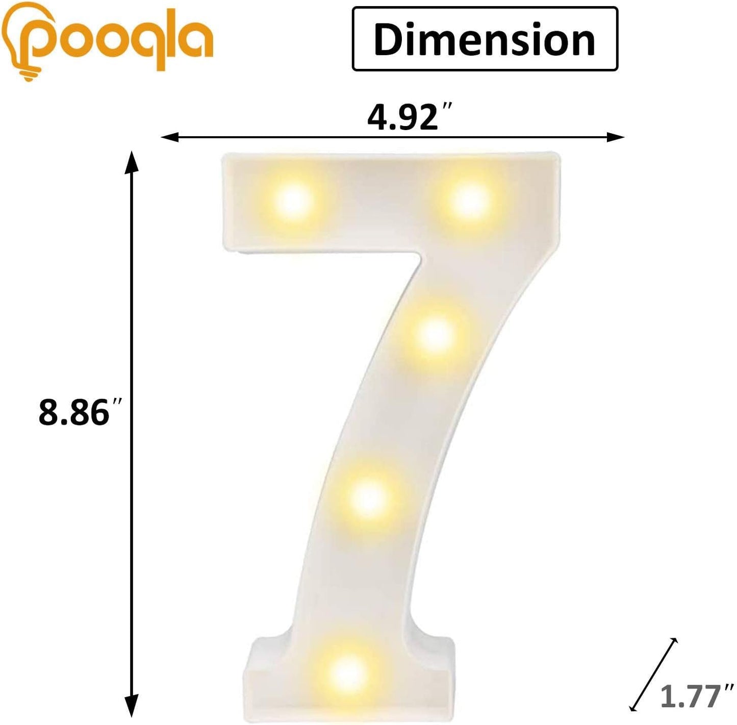 Pooqla LED Light Up Number 7, Cool White & Warm White, Plastic Marquee Decoration for Parties, Weddings, and Room Decor