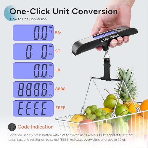 travel inspira Rechargeable Luggage Scale 110lb/50kg - Large Backlit Display - Stainless Steel - Portable Digital Hanging ...