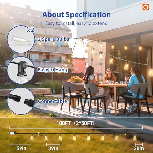 addlon 100FT LED Outdoor String Lights with Remote Waterproof Patio Lights with Shatterproof ST38 Replaceable Bulbs, Dimma...