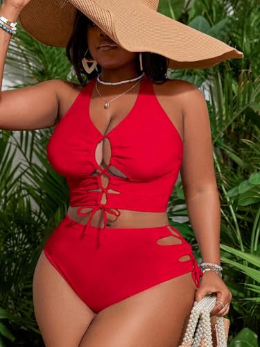 SOLY HUX Women's Plus Size Bikini Set Sexy Swimsuit Lace Up Tummy Control 2 Piece Bathing Suit
