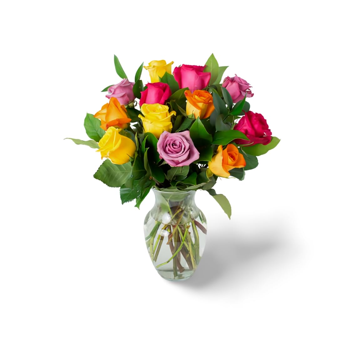 KaBloom Flowers - 12 Assorted Roses and Greens with Vase - Gift for Birthday, Sympathy, Anniversary, Get Well, Thank You, Valent