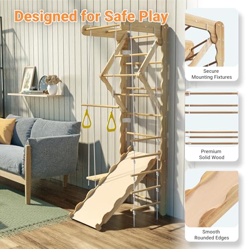 Mulinsonfly 5-in-1 Wooden Indoor Jungle Gym for Kids, Wall-Mounted Swedish Ladder with Pull-Up Bar, Rings, Swing, and Slid...