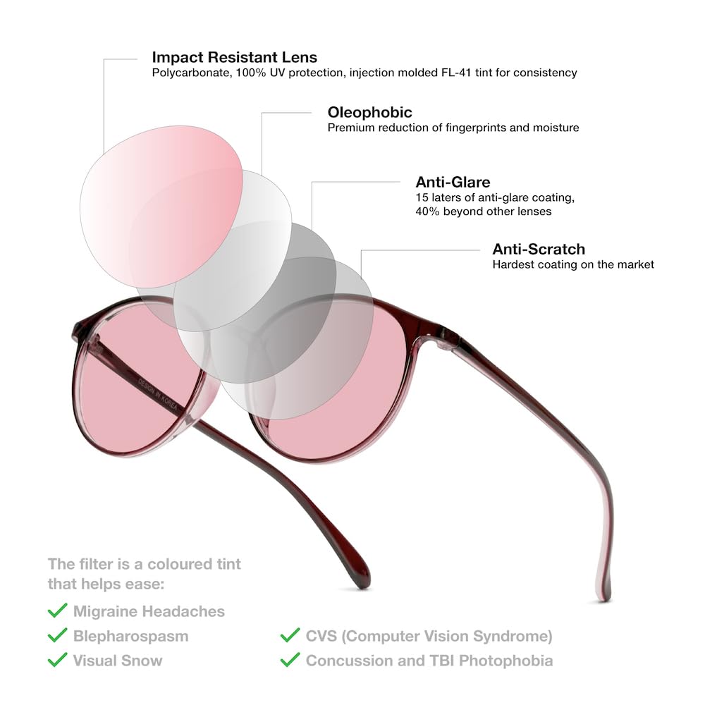 BRADDELL Indoor FL-41 Rose & Outdoor FL-60 Brown Tinted Migraine Light Sensitivity Glasses for Fluorescent LED Glare, Photophobia and Computer Usage