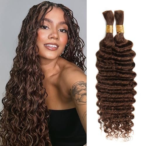 Human Braiding Hair 18 Inch 100g Chocolate Brown Deep Wave Bulk Human Hair for Braiding No Weft Curly Bundles Hair Extensions fo