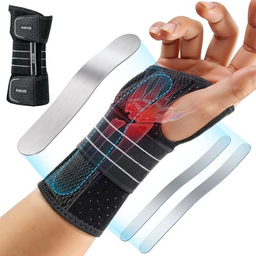 Rakiie Carpal Tunnel Wrist Brace, Adjustable Night Wrist Support with 3 Metal Splints, Hand Brace for Men Women No Pressur...