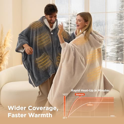 Bedsure Cordless Wearable Heated Blanket - Fluffy Electric Blanket Hoodie with 20000mAh Battery Pack, Portable USB Heated ...