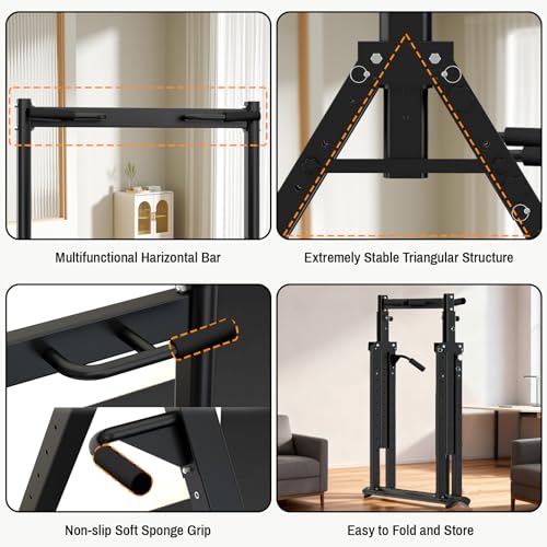Foldable Power Tower Dip Station Pull Up Bar, Multifunction Triangular Structure Pull Up Station Home Gym Strength Trainin...