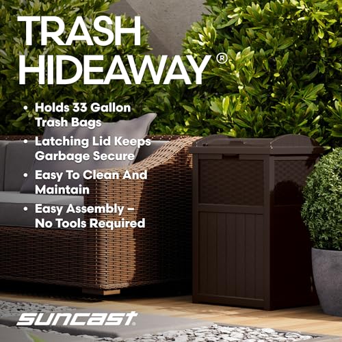 Suncast 33 Gallon Commercial Outdoor Trashcan Hideaway with Lid for 30 to 33 Gallon Trash Bags for Garage, Backyard, or Ga...
