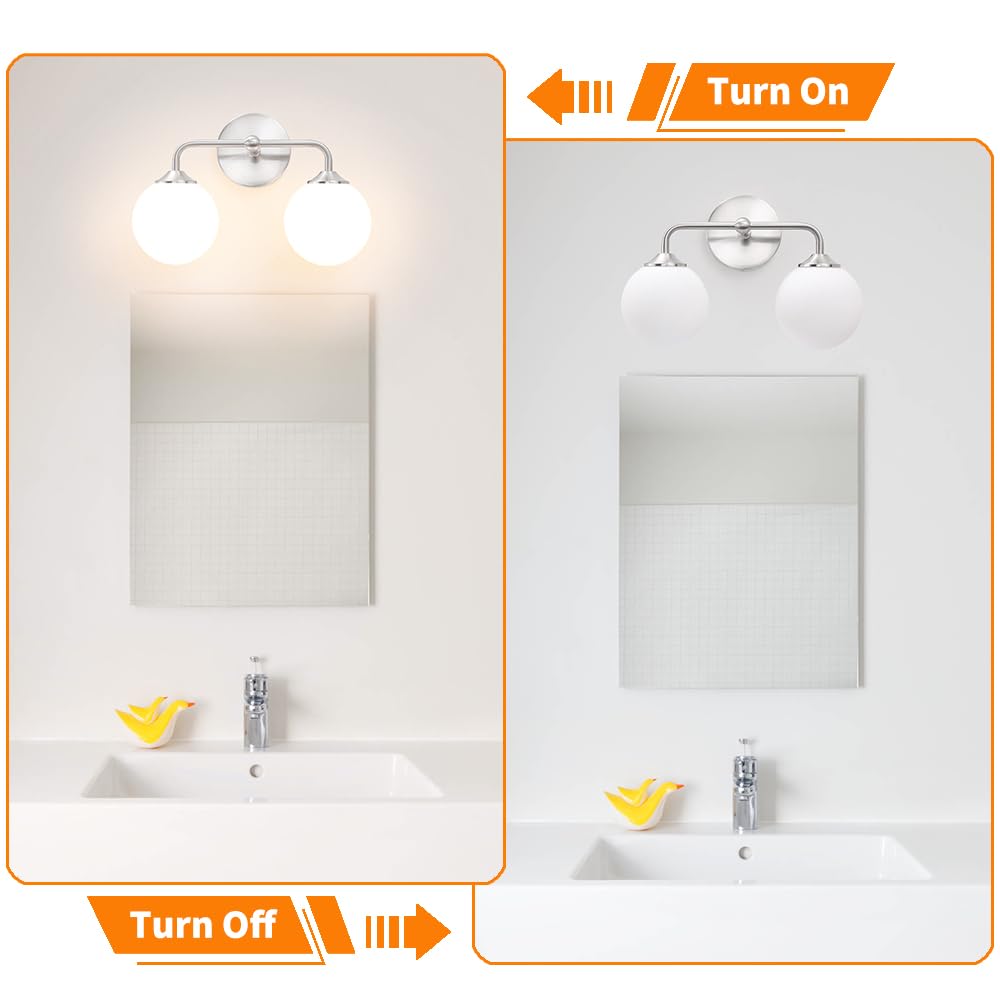 Modern Brushed Nickel 2-Lights Bathroom Vanity Lights, Bathroom Lighting Fixtures Over Mirror with Milk White Globe Glass Shade, Elagant Wall Sconces for Dressing Table Bedroom Living Room