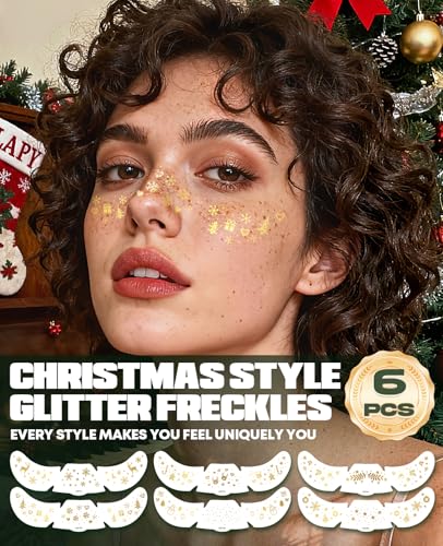 6 Sheets Gold Christmas Freckles Patch, Face Glitter, Makeup Accessories for Women, Temporary Water Transfer Tattoos, Unis...