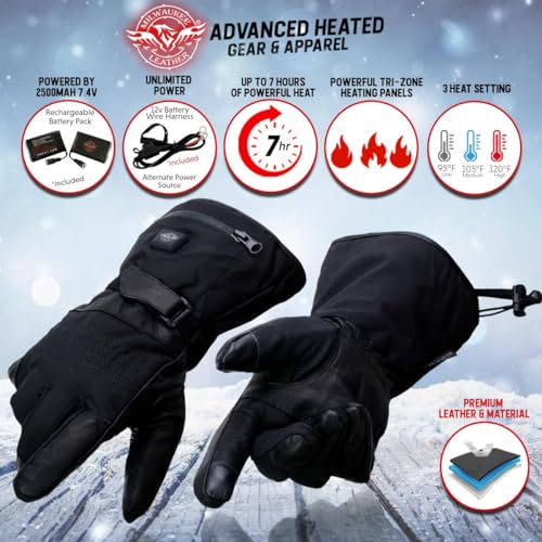 Milwaukee Leather MG17501SET Men’s Heated Black Leather/Textile Winter Gloves/Harness Wire and i-Touch