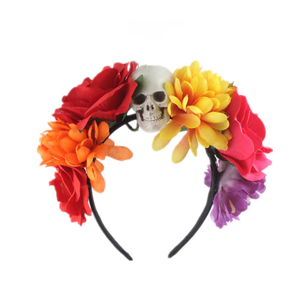 Lofruiin Women's Bohemian Rose Flower Crown Mexican Day of The Dead Headband Halloween Party Costume Headpiece (A- Red Yellow, F