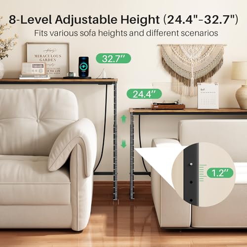 Kitstorack 2-Pack Rustic Brown Console Table, 7.9" Deep Panel, Adjustable Height (25"-33") & Built-in Power Outlets, Behin...
