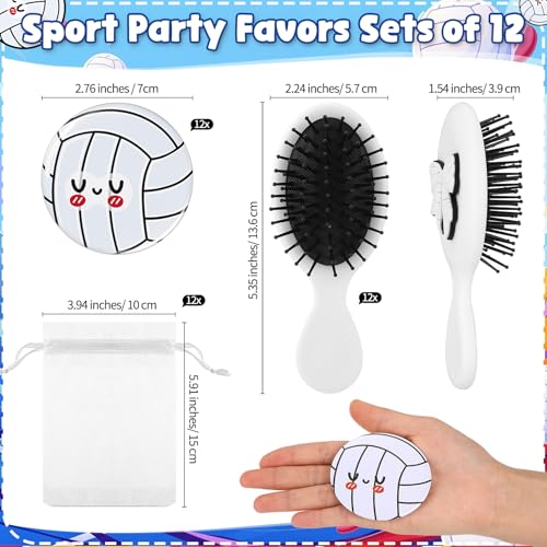 Wonderjune 12 Set Mini Hair Brush Bulk Compact Mirror with Bags Sports Party Favor Team Gift for Women Curly Thick Straigh...