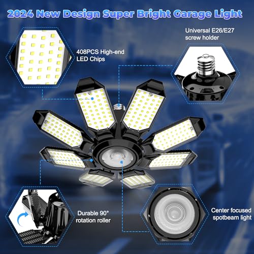 POLARPRA LED Garage Light - 2Pack Bright 50000LM Garage Lights Ceiling Led w/ 8 Deformable Panels 6500K Led Light Bulb Sre...
