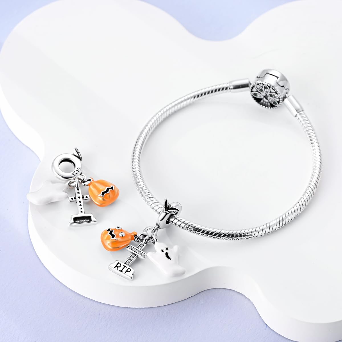 Parmuz Halloween Pumpkin Charms Ghost Black Cat Cross Charm Sterling Silver 925 Halloween Horror Beads for Bracelet/Necklace Jew