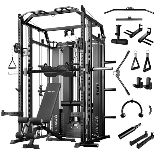 Mikolo Smith Machine with Weight Stack, Power Cage Home Gym System with LAT Pulldown & Cable Crossover, Multi-Functional T...