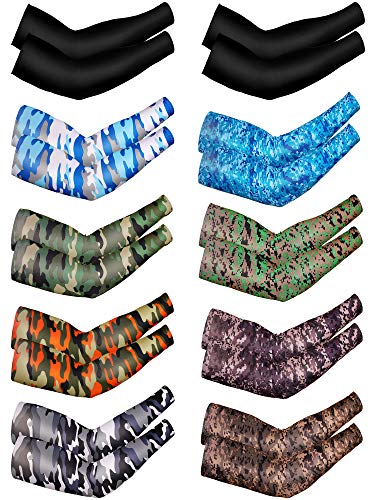 Bememo 10 Pairs Unisex Arm Sleeves for Men Women Elastic UV Protection Arm Cover Ice Silk Cooling Sleeves for Outdoor Driving